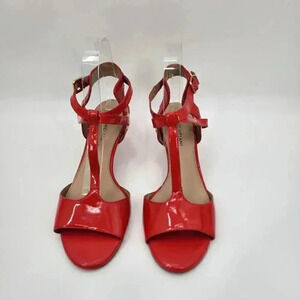 Antonio Melani Patent Leather Red Coral Low TStrap‎ Open Toe Slide Heel Size 7.5